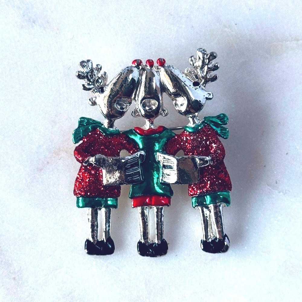 Vintage Reindeer Carolers Christmas Brooch Glitter Enamel Holiday Pin Red Green